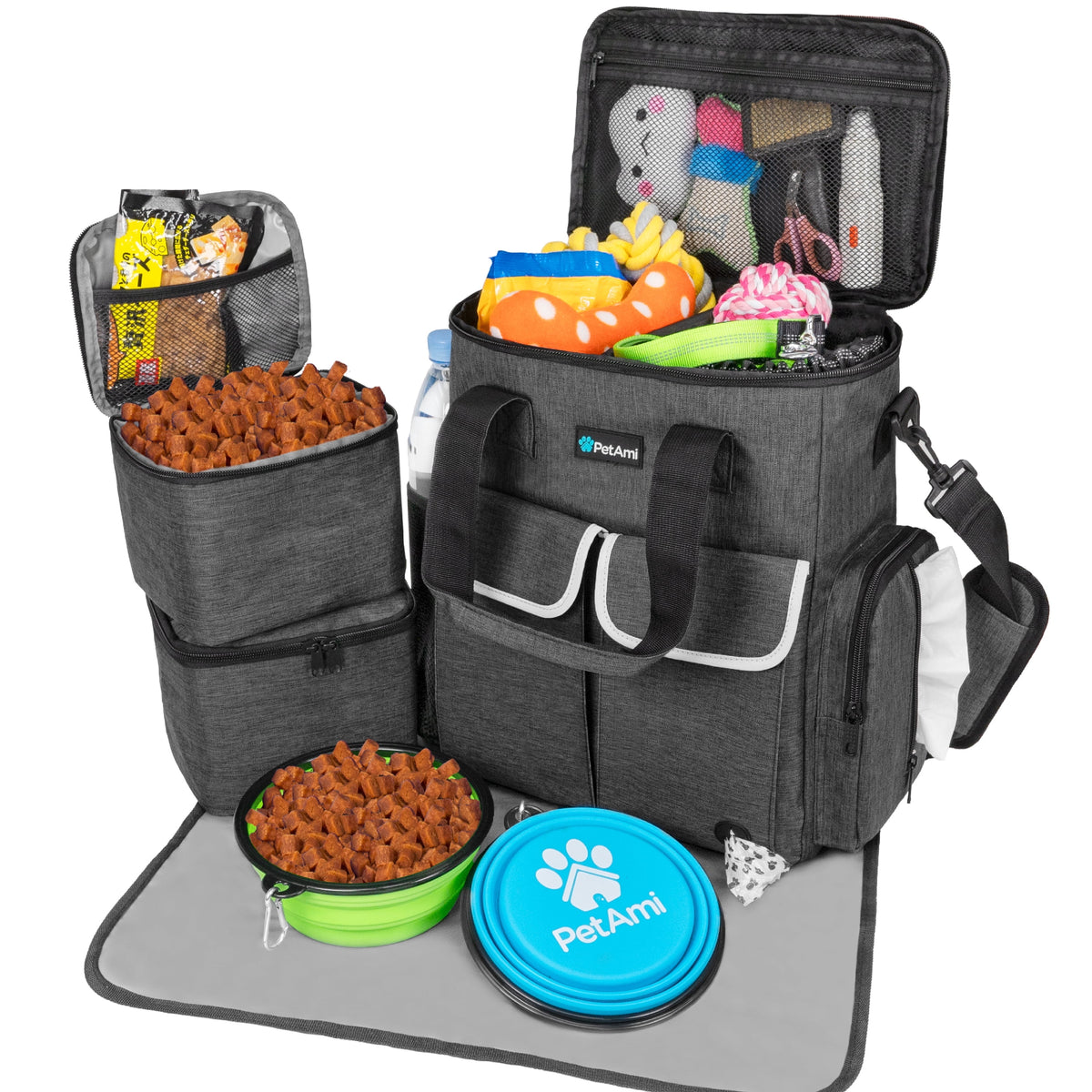 Portable Dog Travel Bag - Pet Accessories Organizer with Bowls & Food Containers