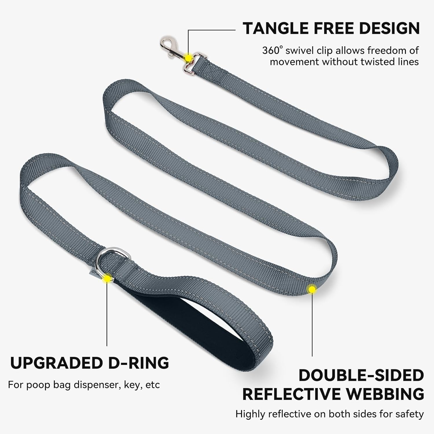 Dog Leash, 5 FT Double-Sided Reflective, Padded Handle Nylon Heavy Duty Leashes for Small Dogs Walking, Grey