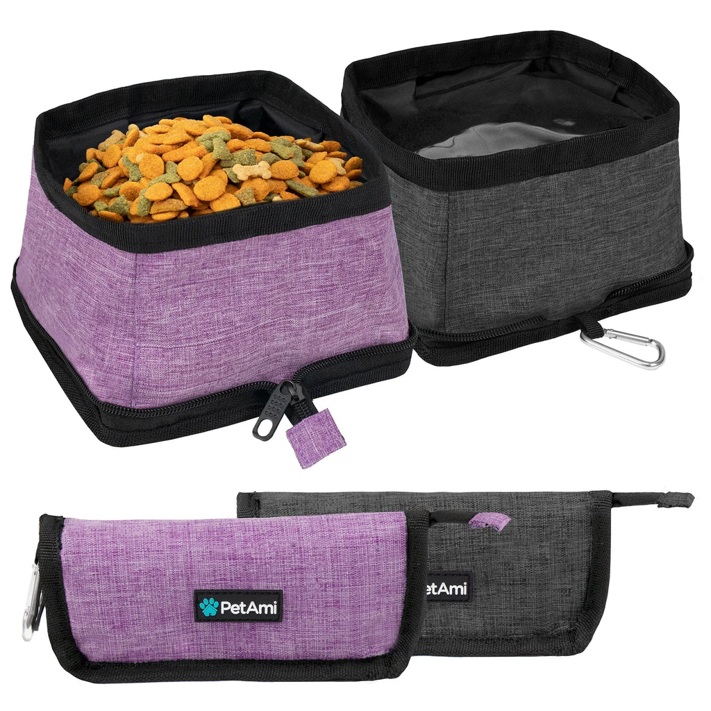 Collapsible Dog Bowls 2 Pack, Food and Water Bowls Travel Set, Portable Pet Dish No Spill, Foldable Lightweight BPA Free Leakproof Bowls, Camping Hiking Walking Outdoor Gear Accessories, Purple