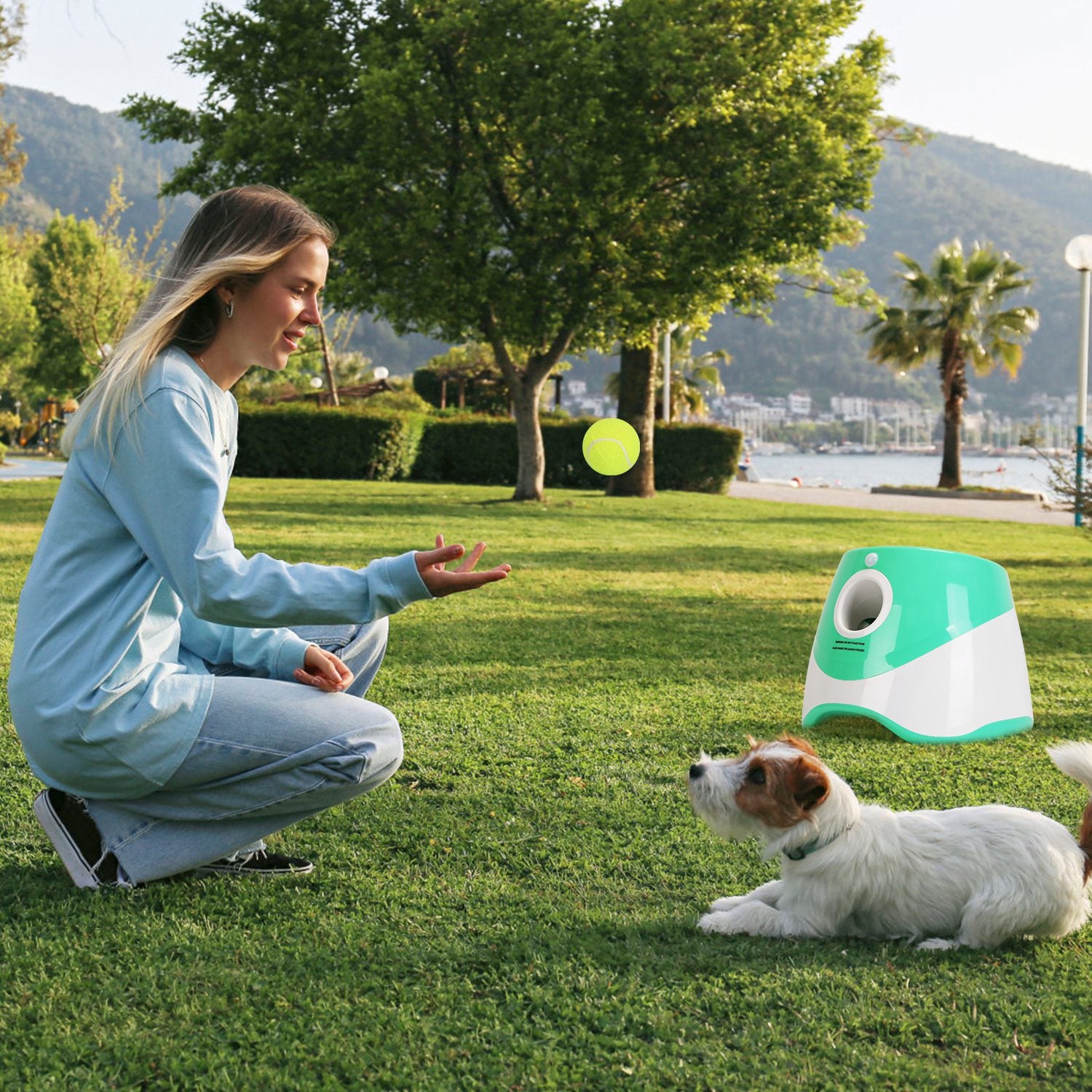 1Pc Automatic Dog Ball Launcher Toy Included 6 Tennis Balls Dog with 3 Adjustable Launch Distance Interactive Ball Thrower Fetch Machine for Small Medium Dogs