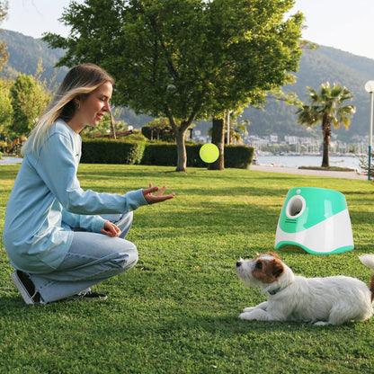 1Pc Automatic Dog Ball Launcher Toy Included 6 Tennis Balls Dog with 3 Adjustable Launch Distance Interactive Ball Thrower Fetch Machine for Small Medium Dogs
