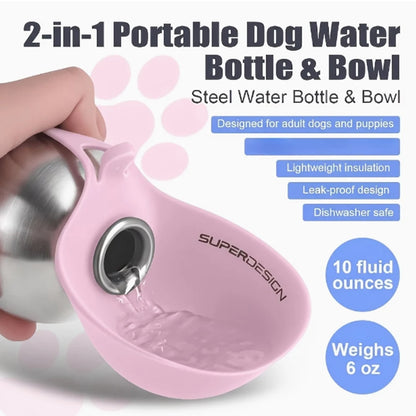 2-In-1 Portable Dog Water Bottle 285ML Stainless Steel&Silicon Leak-Proof Compact Dog outside Travel Water Bottle for Small Dog