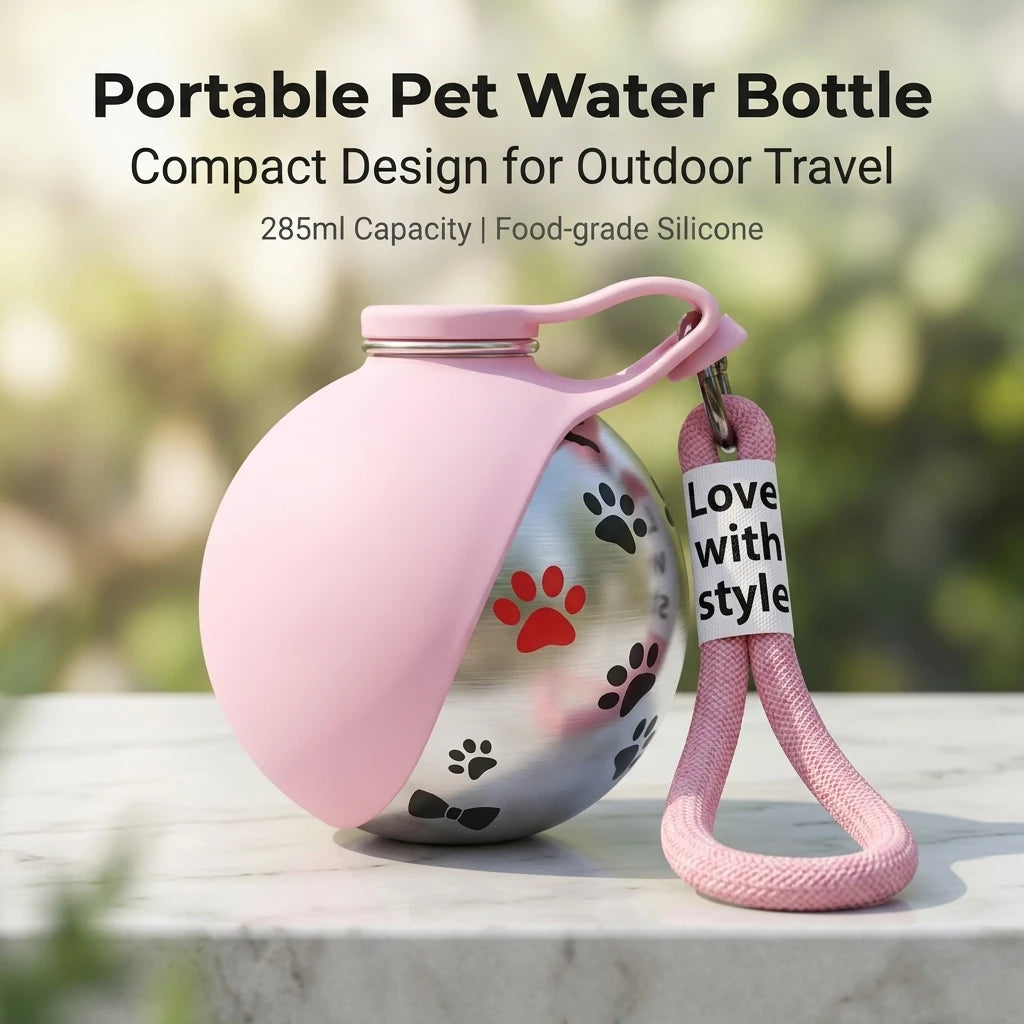 2-In-1 Portable Dog Water Bottle 285ML Stainless Steel&Silicon Leak-Proof Compact Dog outside Travel Water Bottle for Small Dog