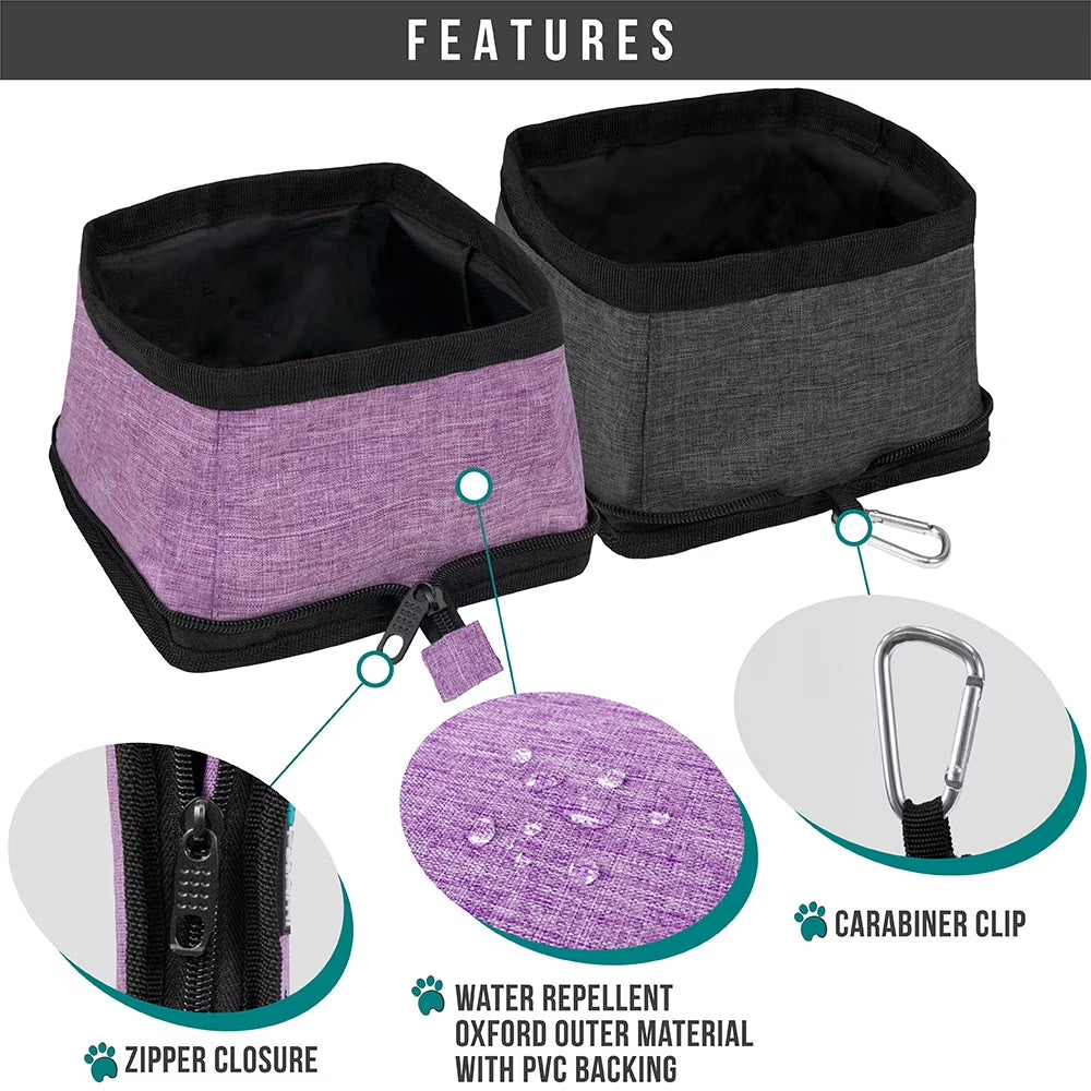 Collapsible Dog Bowls 2 Pack, Food and Water Bowls Travel Set, Portable Pet Dish No Spill, Foldable Lightweight BPA Free Leakproof Bowls, Camping Hiking Walking Outdoor Gear Accessories, Purple