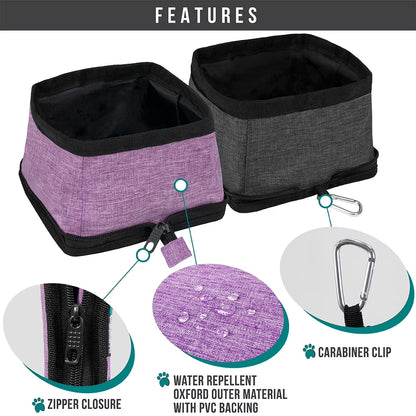 Collapsible Dog Bowls 2 Pack, Food and Water Bowls Travel Set, Portable Pet Dish No Spill, Foldable Lightweight BPA Free Leakproof Bowls, Camping Hiking Walking Outdoor Gear Accessories, Purple