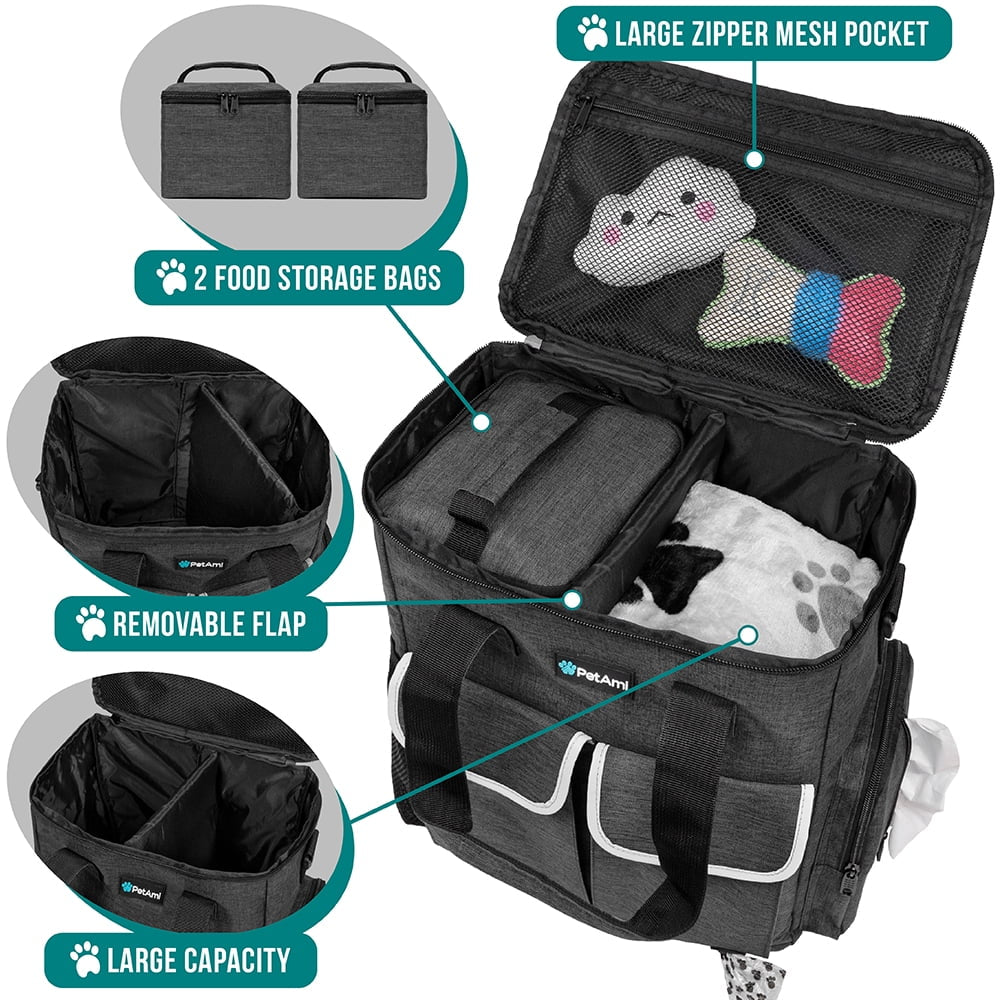 Portable Dog Travel Bag - Pet Accessories Organizer with Bowls & Food Containers
