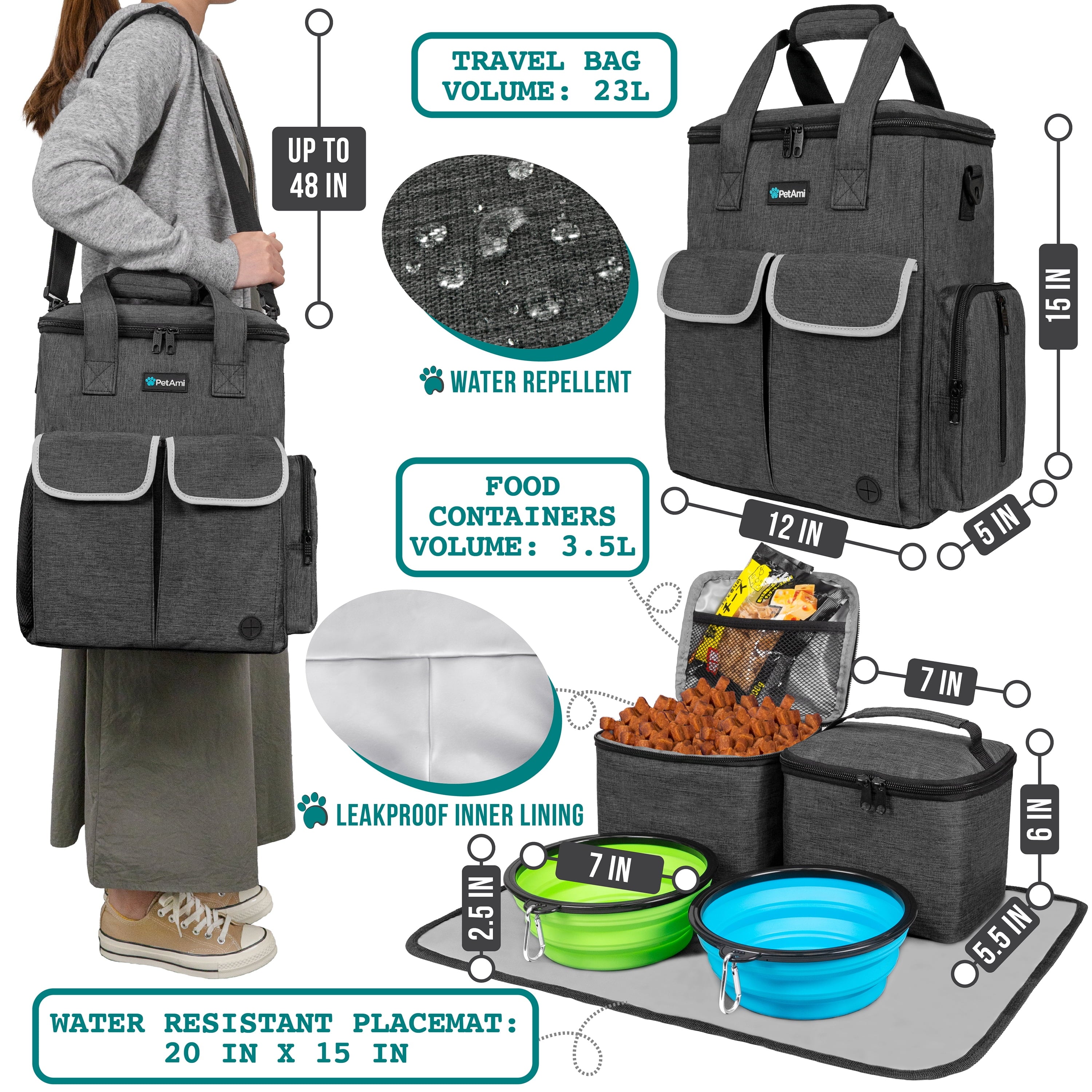 Portable Dog Travel Bag - Pet Accessories Organizer with Bowls & Food Containers